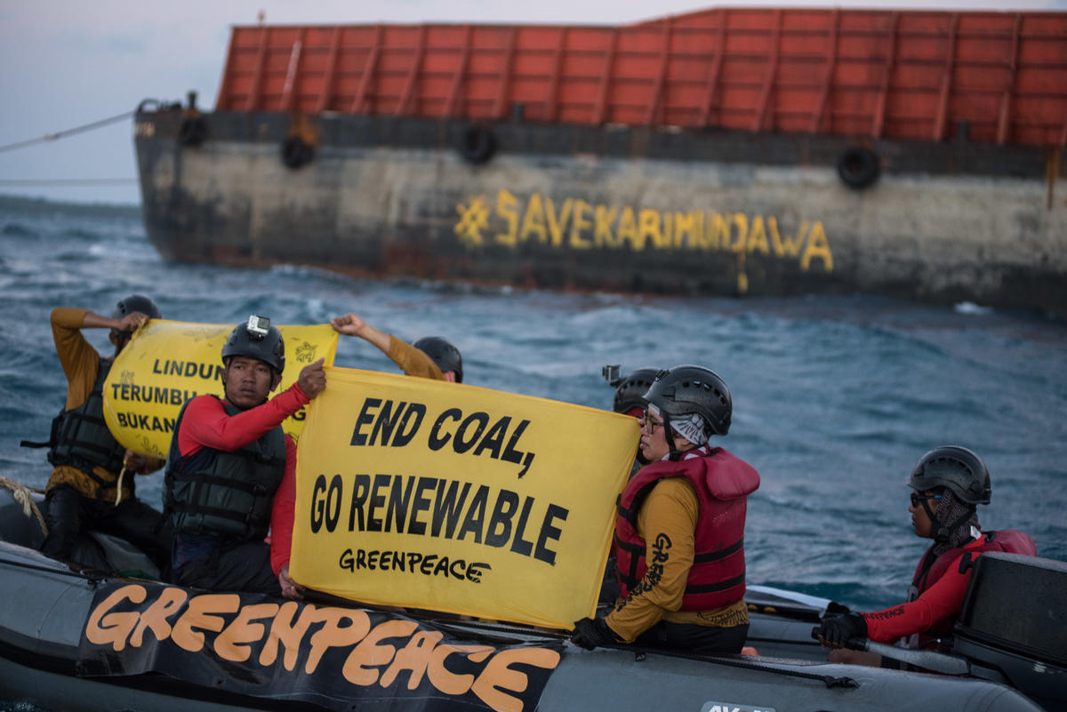 Jelang Pertemuan Pemimpin Industri Batubara Dunia di Bali, Greenpeace Menghalau Keluar Tongkang Batubara dari Taman Nasional