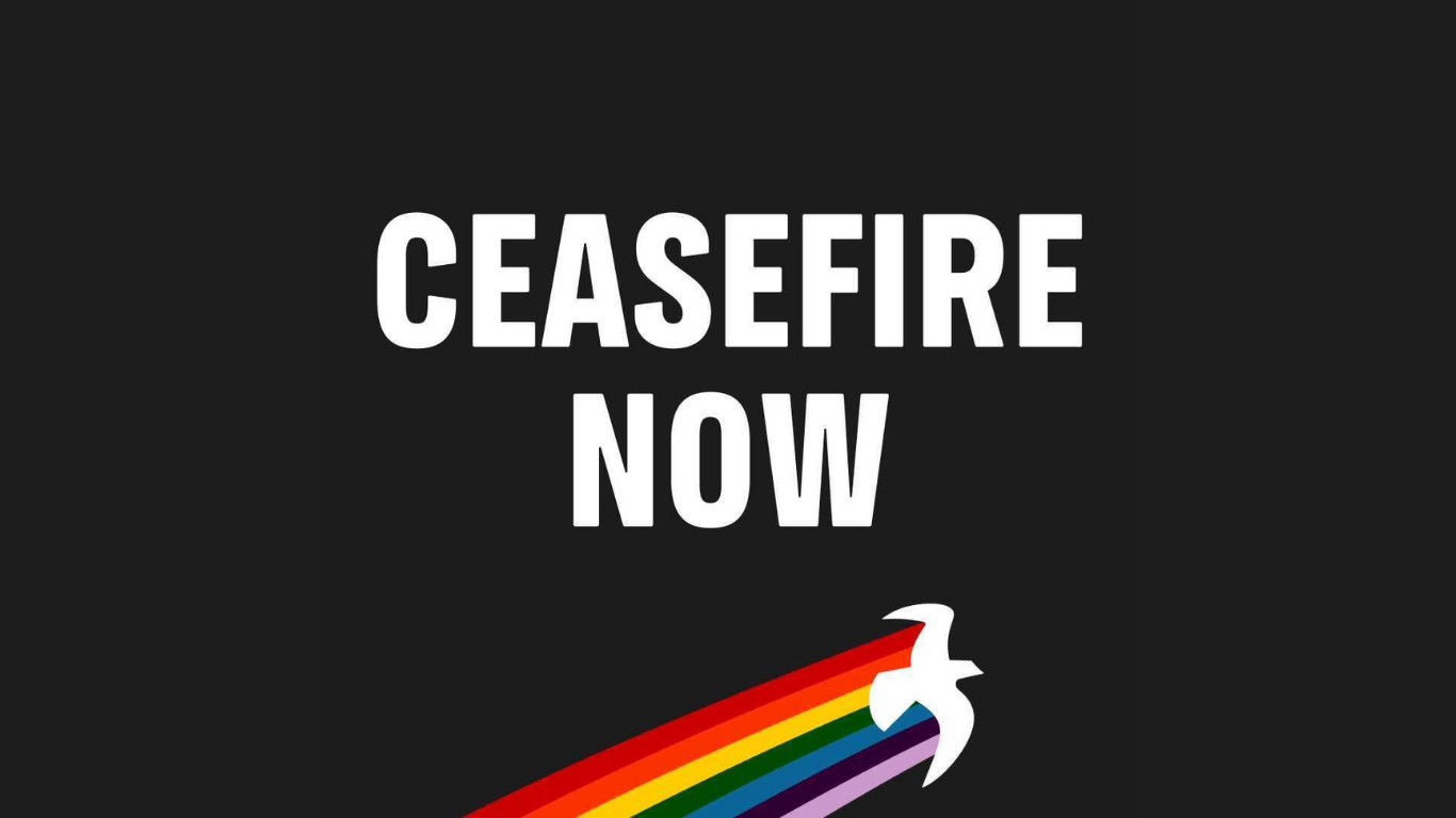 Gaza statement. Rainbow dove. Text reads: Ceasefire now.