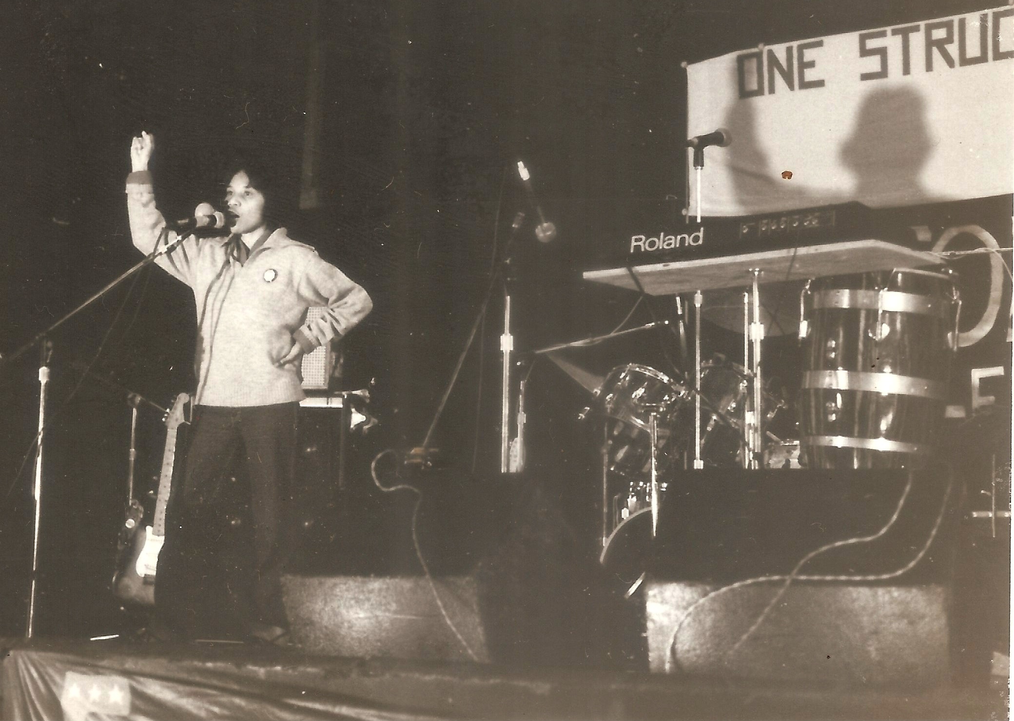 Darlene speaking to protest rally near Vandenberg Air Force Base, 1983
